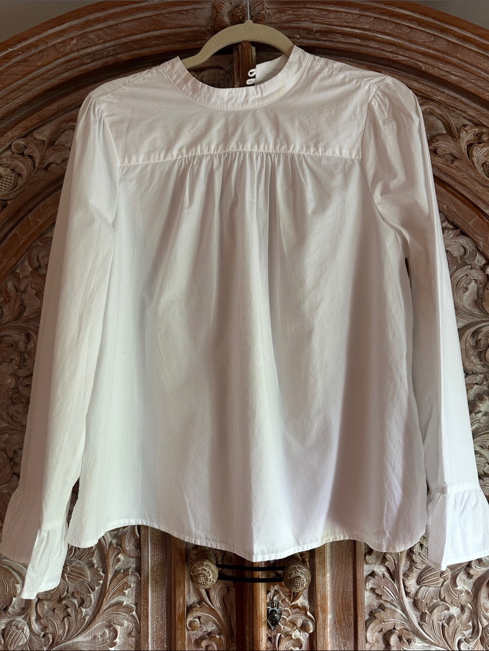 Anthropologie White Long-Sleeve Gathered Yoke Blouse